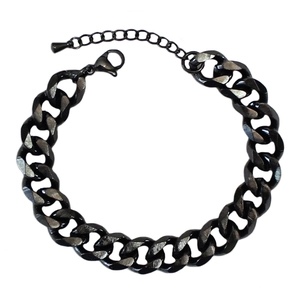 Detail of black stainless steel Cuban link bracelet with lobster clasp and extension chain