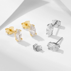 Classic 925 silver stud earrings with marquise-cut cubic zirconia in gold and silver