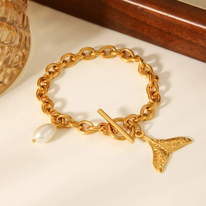 Goldenes Gliederkettenarmband aus Edelstahl mit Perlenanhänger und Fischschwanz-OT-Verschluss