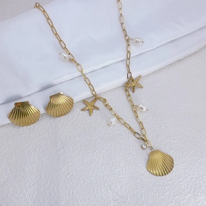 Ocean Theme Shell Starfish Necklace And Earrings Gold Plated Titanium Steel Faux Artificial Pearl Rhinestone Beach Vacation Elegance Women