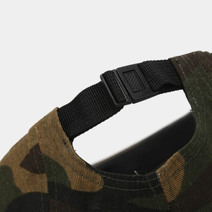 Adjustable camouflage flat brim hip-hop cap featuring a black snapback strap closure