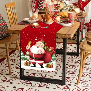 Festive red Christmas table runner with cartoon Santa Claus and snowy gift patterns
