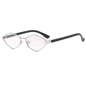 Modern polygonal metal sunglasses with silver frames and black temples on white background