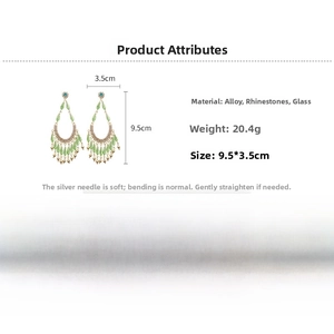 Spécifications détaillées des boucles d'oreilles fleur à franges vertes avec strass