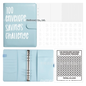 Detail view of a 100 Envelope Challenge binder with cash slots and a $5,050 tracker card