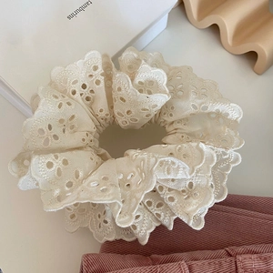 Elegant off-white lace embroidery scrunchie hair tie with vintage French style floral patterns