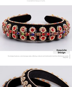 Detailed close-up of Baroque velvet headband with colorful rhinestones and red gems