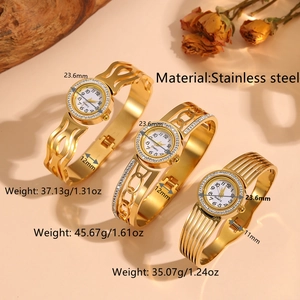 Elegant gold stainless steel bangle watches with rhinestone bezels and hollow band details