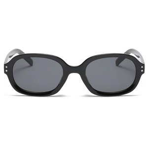 Classic oval black frame sunglasses with dark lenses and metal rivets on front corners