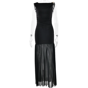 Elegant black sleeveless one-shoulder dress with mesh pleated hem on a mannequin
