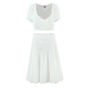 Donna Bianco Cotone Ricamo Inglese Top Corto Maniche A Sbuffo E Gonna Pieghe Vita Alta Stile Vintage Francese