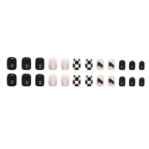 Short square checkerboard press-on nails set with black, silver glitter and pink accents