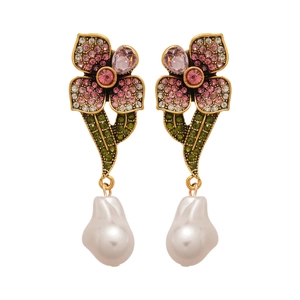 Boucles d'oreilles vintage fleurs et perles avec cristaux colorés sur tiges en argent