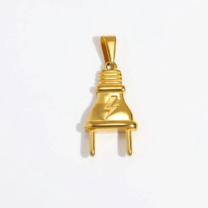 Detailed view of a gold-plated plug-shaped pendant with a lightning bolt engraving