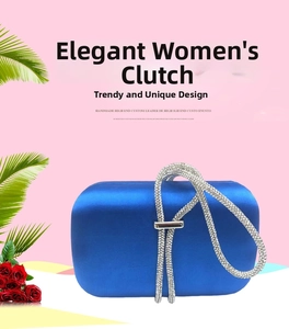 Detail of royal blue satin clutch with shimmering rhinestone handle and elegant finish