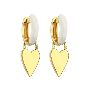 Elegant gold heart earrings with white enamel round hoop accents on white background
