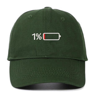 Forest green cotton baseball cap with 1% low battery embroidery on a white background