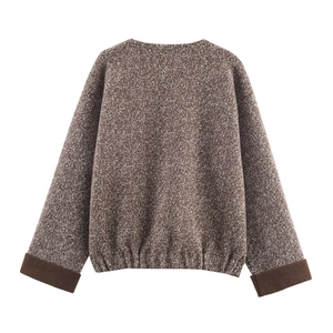Brown knit textured round neck cocoon sweater with ribbed cuffs and elastic hemline