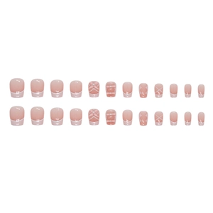 Pink French press-on nails with 3D bows, pearls, and a sweet minimalist butterfly design