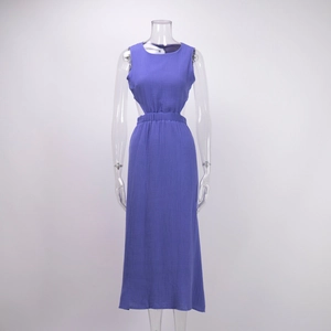 Detail of blue-violet crinkle dress with waist cut-outs and sleeveless round neck design