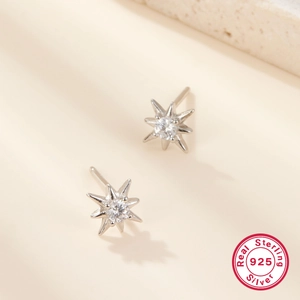Sparkling S925 sterling silver starburst stud earrings with brilliant zircon stones