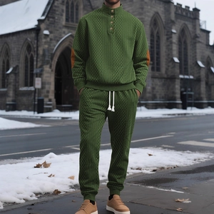 Men's forest green waffle knit tracksuit with stand collar and stylish elbow patches