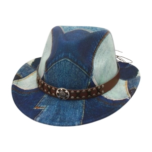 Vintage kids western denim print fedora hat with brown leather band and studs