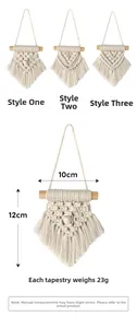 Detailed size and weight specs for three mini handmade macrame woven cotton wall hangings