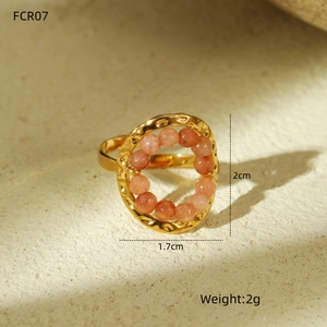 Golden vintage titanium steel open ring with oval frame and pink natural stone beads
