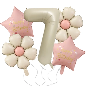 Beige number 7 foil balloon set with daisy flowers and pink happy birthday stars