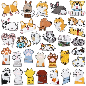 Cartoon Dog Cat Paws Embroidery Patches Polyester Thread DIY Apparel Decor Iron On Sew On Cute Animal Craft