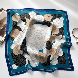 French vintage floral satin square scarf with teal border and elegant golden flower print