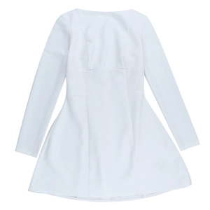 Flat lay of a white backless long sleeve A-line mini dress with a cinched waist detail