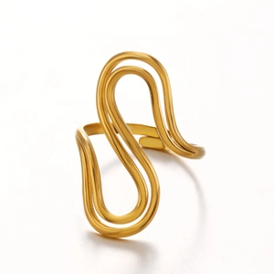 Minimalist double-layer gold wavy open ring with an abstract curved design for women