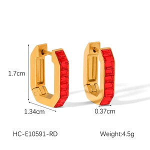 Detailed view of gold rectangle hoop earrings with red baguette-cut stones and dimensions