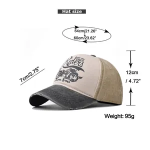Size chart showing circumference, brim, and height of the distressed Rideus baseball cap