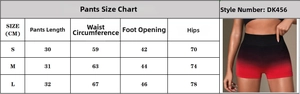 Size chart for high-waisted gradient yoga shorts with detailed product measurements