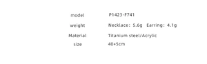 Specifications for acrylic heart jewelry set with weights, material, and dimensions