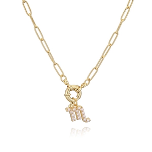 Golden paperclip chain necklace featuring a pearl-inlaid zodiac pendant on white background