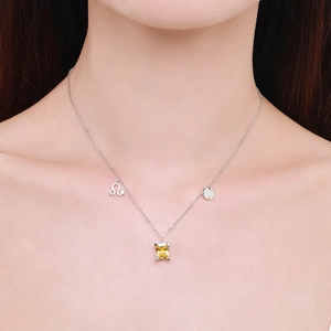 Elegant S925 sterling silver Leo zodiac necklace with yellow square gemstone and charms