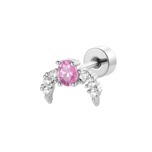 French luxury silver screw-back ear stud with pink oval zircon and white gemstones