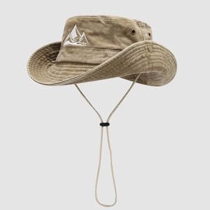 Khaki cotton hiking sun hat with wide brim and mountain embroidery with wind rope