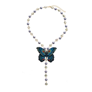 Vintage embroidered butterfly necklace with grey pearls and crystal beads on gold chain