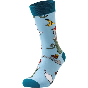 Detail of blue cotton crew socks with fun raccoon and trash can cartoon prints
