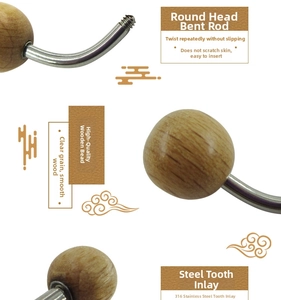 Detailed close-up of 316L stainless steel curved bar with natural wood beads