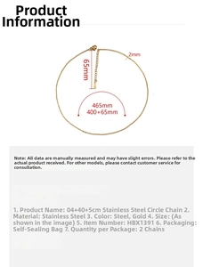 Detailed size chart for 2mm stainless steel chain showing 465mm length and dimensions