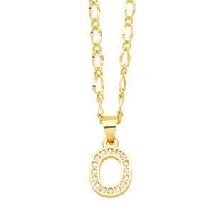 Close-up of gold letter O pendant necklace with sparkling micro-pave zircon crystals
