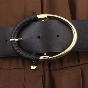 Deep brown faux leather waist belt with elegant golden oval buckle for women's dresses