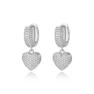 Sparkling silver-tone heart drop earrings with pave-set clear crystals and lever-back clasp
