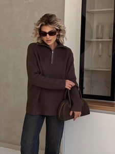 Detail of dark brown knit sweater featuring metal half-zipper and chunky ribbed collar